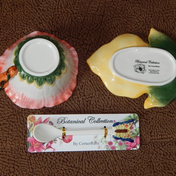 Corner Ruby Botanical Collection White Flower Shape Teacup Leaf Saucer Spoon NWT - Picture 13 of 13